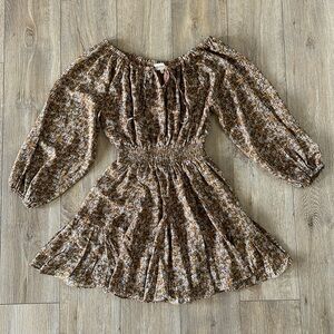 Bohme Brown Floral Print Long Sleeve Peasant Dress Size XS